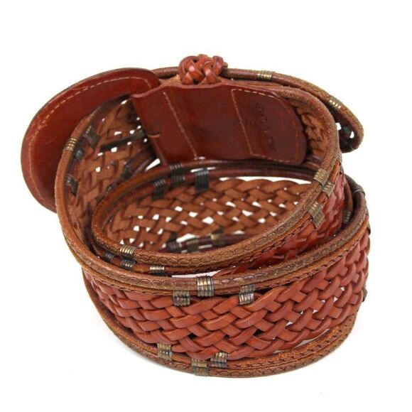BRAIDED WOVEN TAN BROWN GENUINE LEATHER 2.25"Wd WIDE WOMEN'S BELT Sz S (B6 - Picture 4 of 12